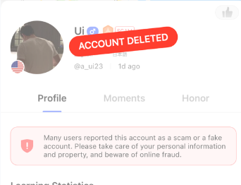 account deletedの表示がされているHelloTalkユーザーのスクリーンショット