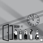EXITドアに並ぶ人のイラスト